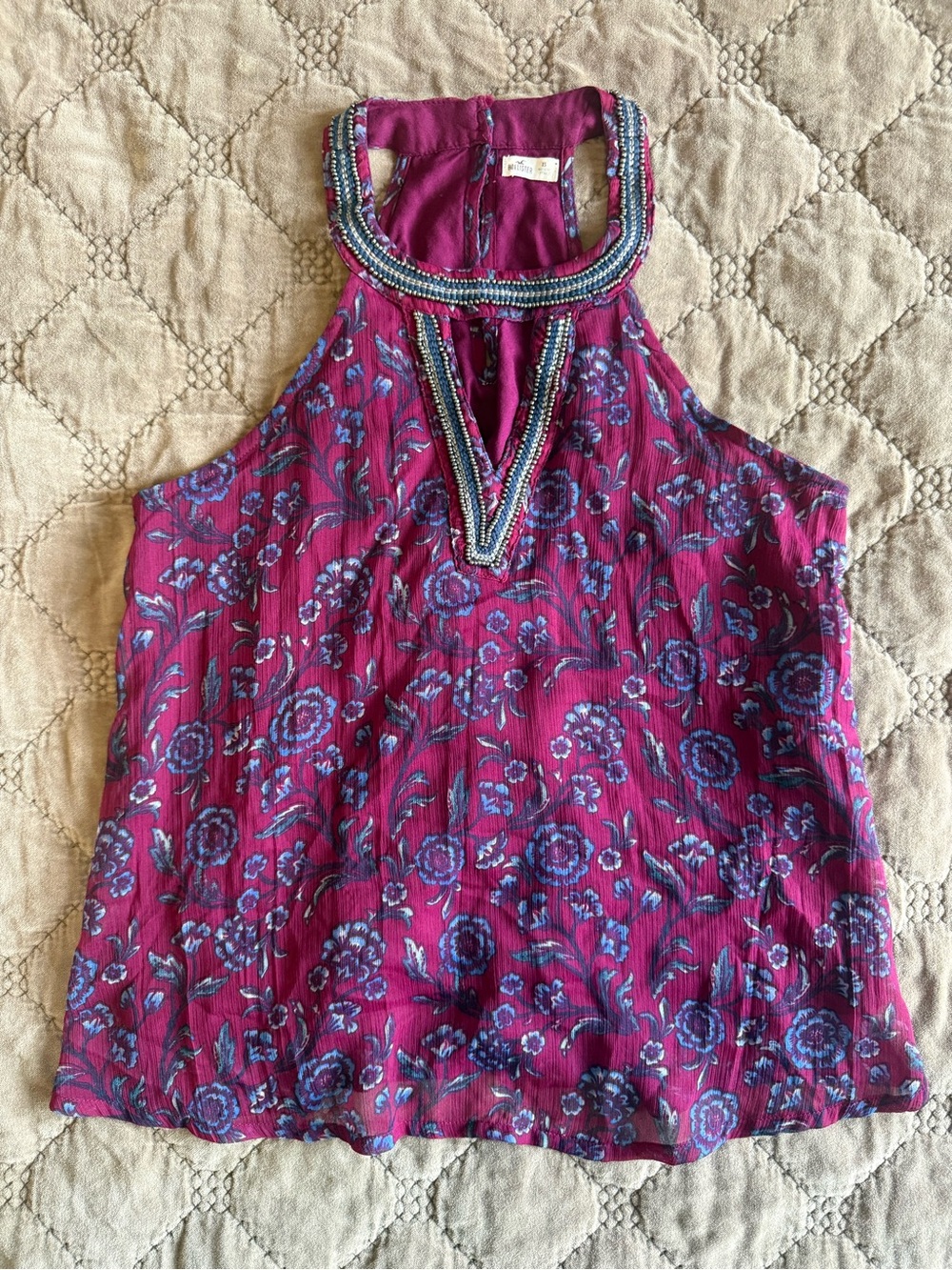 Hollister Magenta Floral Beaded Halter Camisole